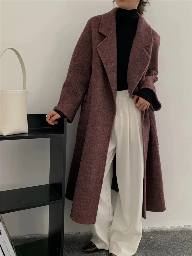 Rabbit velvet mulberry silk double-sided cashmere coat for women, medium length thick long woolen coat, 2024, autumn/winter, new