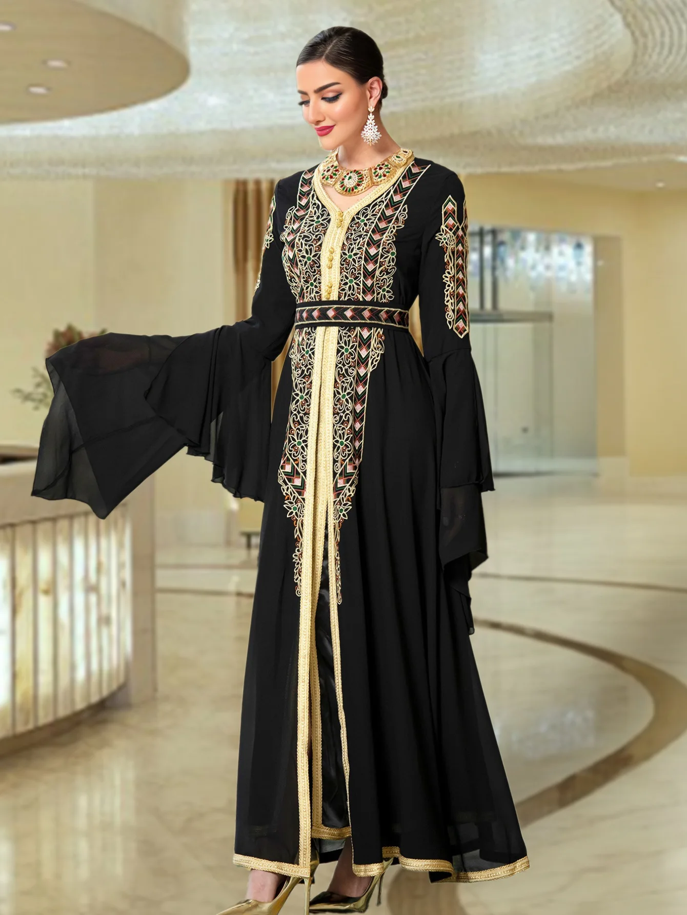 Arab Mesh Embroidered Dress with Belt V-Neck Super Full Sleeves Stylish Abaya for Luxury Muslim Woman Moroccan Party Kebaya Gown