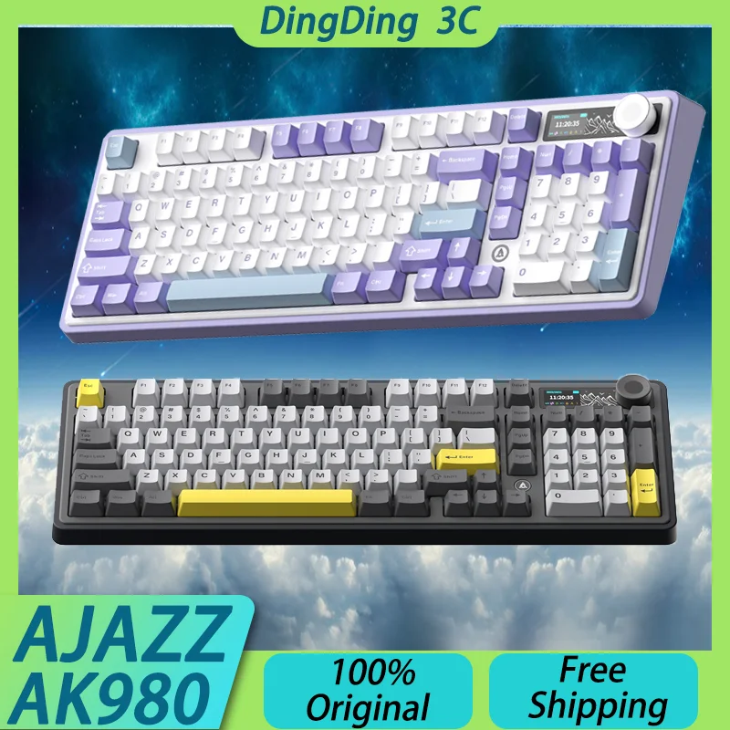 

AJAZZ AK980 Tri-Mode Wireles Bluetooth Mechanical Keyboard PC Gamer Custom RGB NKRO Hot Swap TFT Color Screen Volume Knob Office