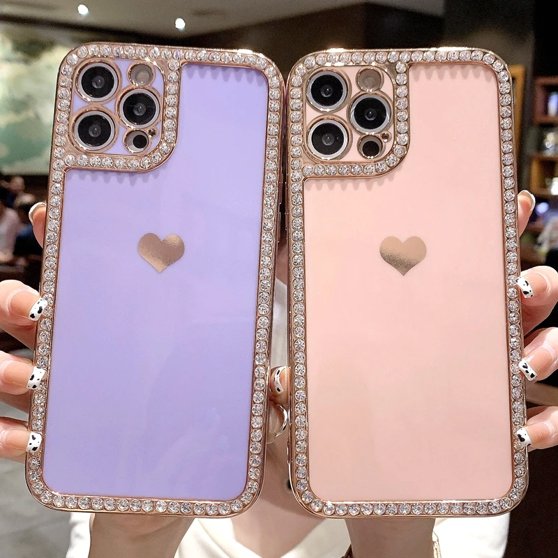 Luxury Love Heart Bling Rhinestone Phone Case For iPhone 12 11 13 14 Pro Max X XR XS Max 7 8 Plus SE 2020 Bumper Back Cover