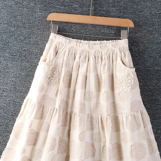 Vintage Mori Girl Floral Embroidery Hollow Out Cotton Skirts Women Spring Summer Elastic Waist Casual Loose A-Line Skirt