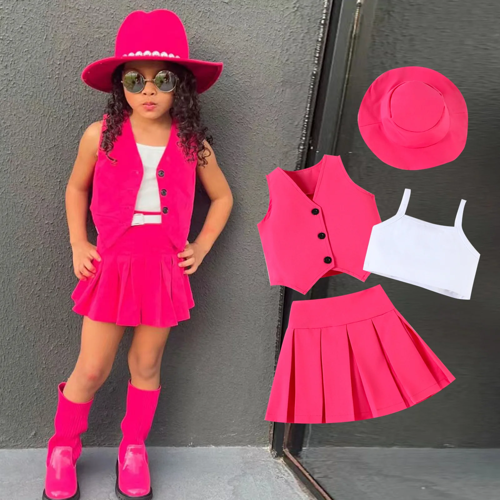 Summer Kids Clothes Girls' Trendy stuff Vacation Inner Wear With Suspenders Vest and Pleated Skirt With Hat 4 Pcs Set Clothing