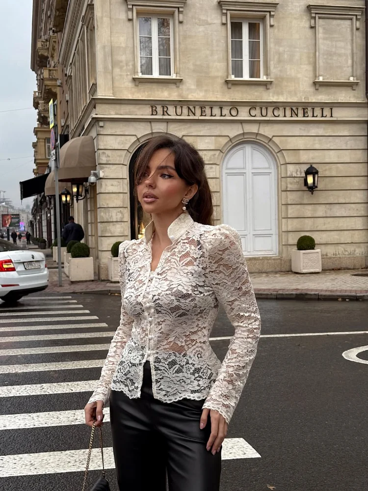 

Woman Sexy Lace Short Shirt Elegant Single-breasted Long-sleeved Lapel Fitted Blouse 2026 Spring Daily Commute Street Blouses