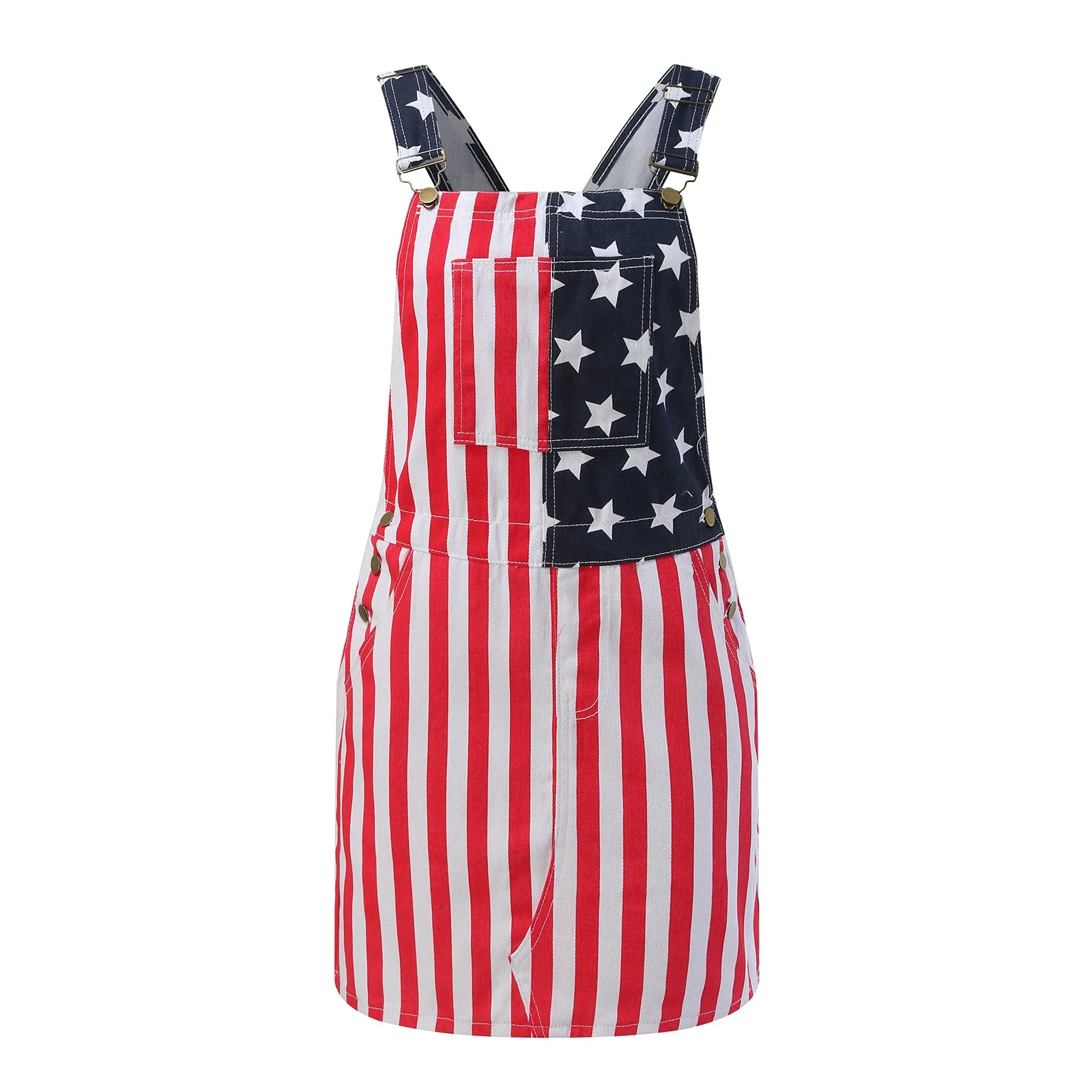 Independence Day Women Denim Dress 2024 Fourth Of July Jeans Bib Overall Dress American Flag Print Romper