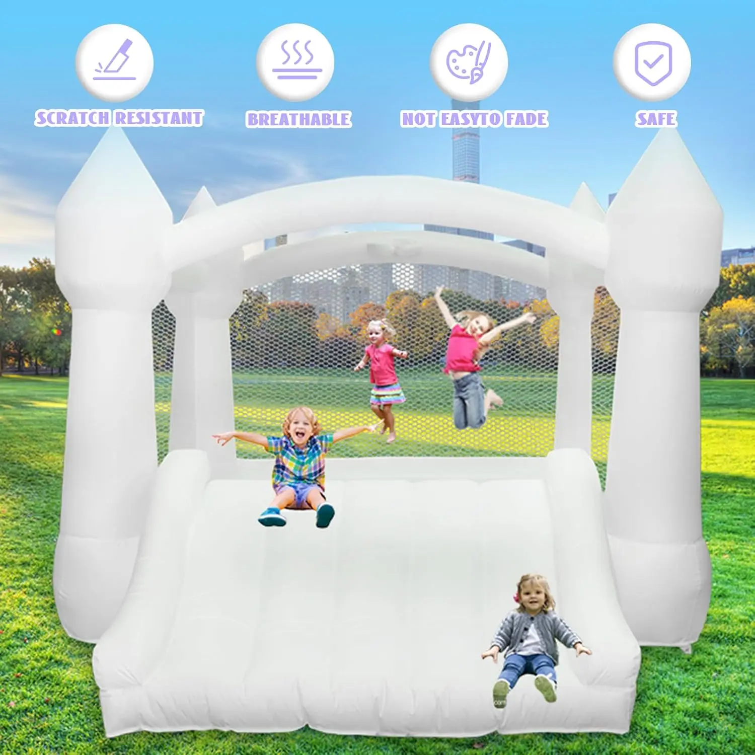 Nadmuchiwany domek do skakania White Castle 3,6 m x 2,7 m x 2,2 m, do użytku wewnątrz i na zewnątrz, z zjeżdżalnią i dmuchawą.