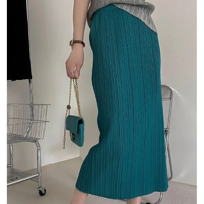 San Qiang Skirt Women's Pleated Skirt 2024 Autumn Sweater Matching Side Slit Medium-Length Straight-Leg Skirt