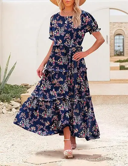 Women Fashion 2025 Summer O-Neck Splicing Party Long Dress Casual Print A-Line Boho Dress Elegant Vintage Maxi Dresses Vestido