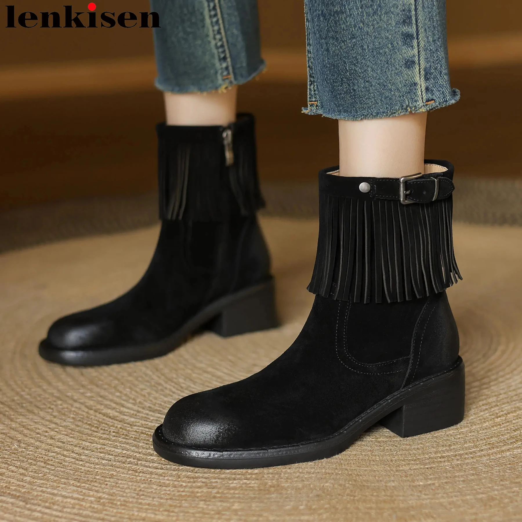 

Lenkisen Cow Suede Med Heels Modern Western Boots Fringe Metal Buckle Winter Autumn Shoes Vintage Office Lady Women Ankle Boots