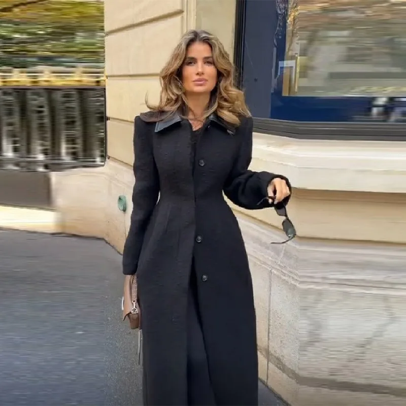 

Shirt Collar Slim Fit Black Coat Fashion Single Breasted Long Sleeve High Street Overcoat 2025 New Winter High Street Outerwear