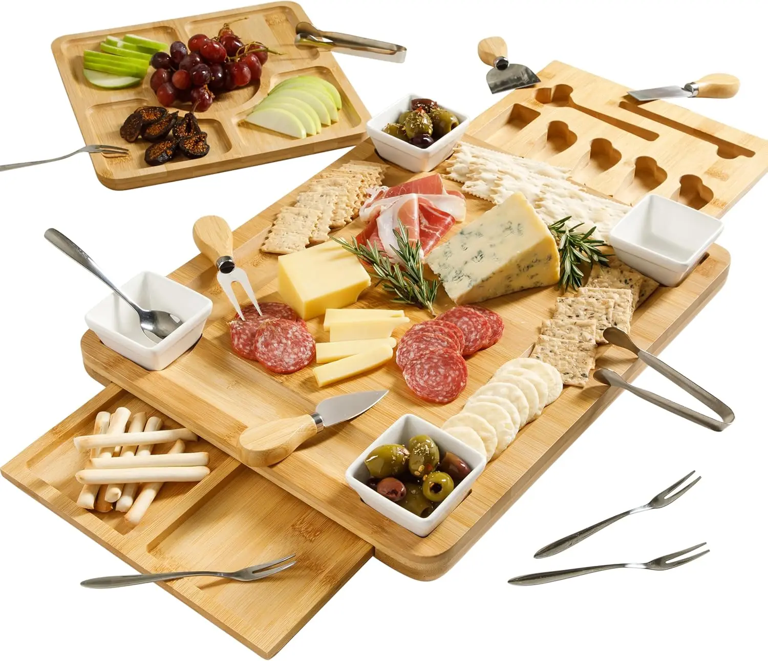 

Набор для закусок из бамбука из 18 предметов со скрытым ящиком, керамическими чашами и столовыми приборами для сервировки