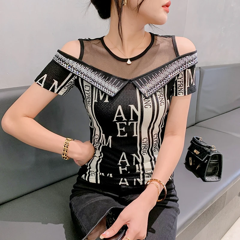 

Black Summer Korean Style T-Shirt Chic Sexy Patchwork Mesh Print Letter Shiny Diamodns Women Tops Short Sleeve Tees New 431928