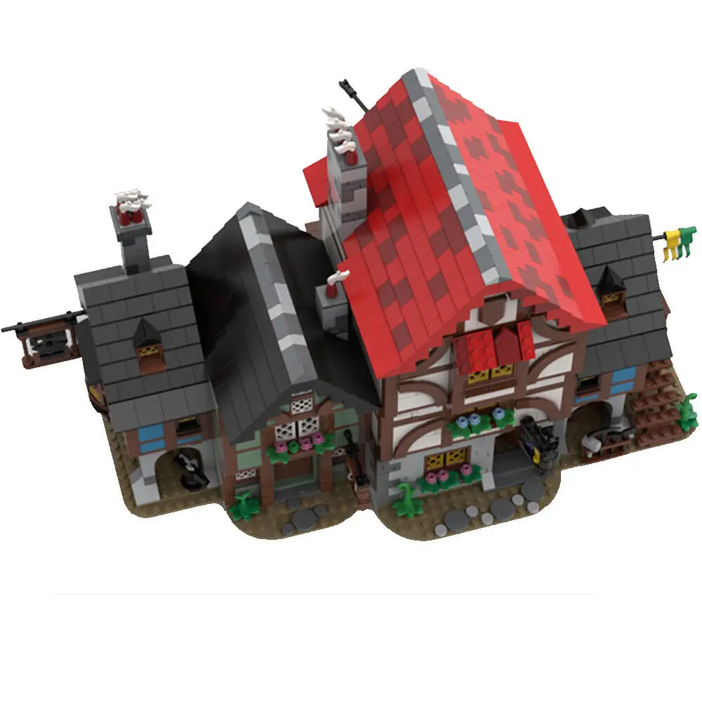 MOC UCS-Beco Medieval com Blocos de Construção Hall, Loja do Ferreiro e Casa do Alfaiate, DIY Montagem de Tijolos, MOC-150889, 2421 Pcs