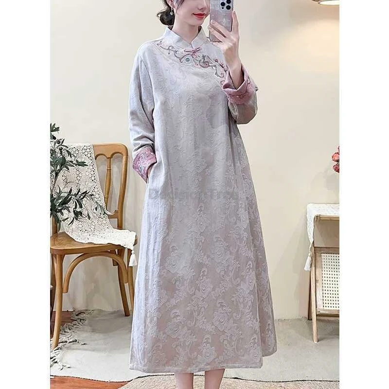 

2026 high end vintage cotton linen qipao literature art Diagonal buckle qipao leisure loose jacquard improved chinese cheongsam