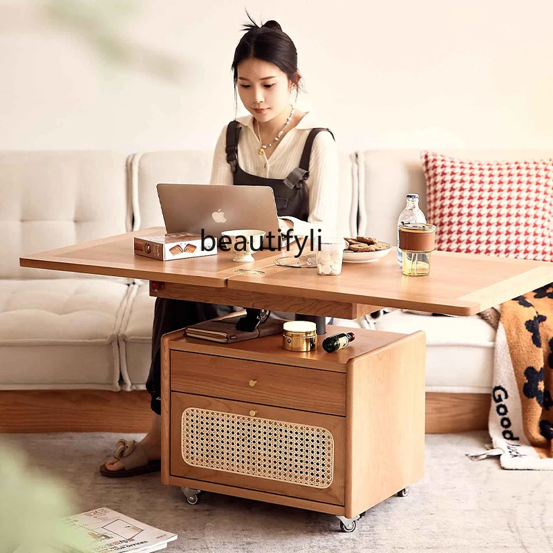 

Solid wood lifting coffee table cherry wood mobile folding living room side table tea table dual-purpose