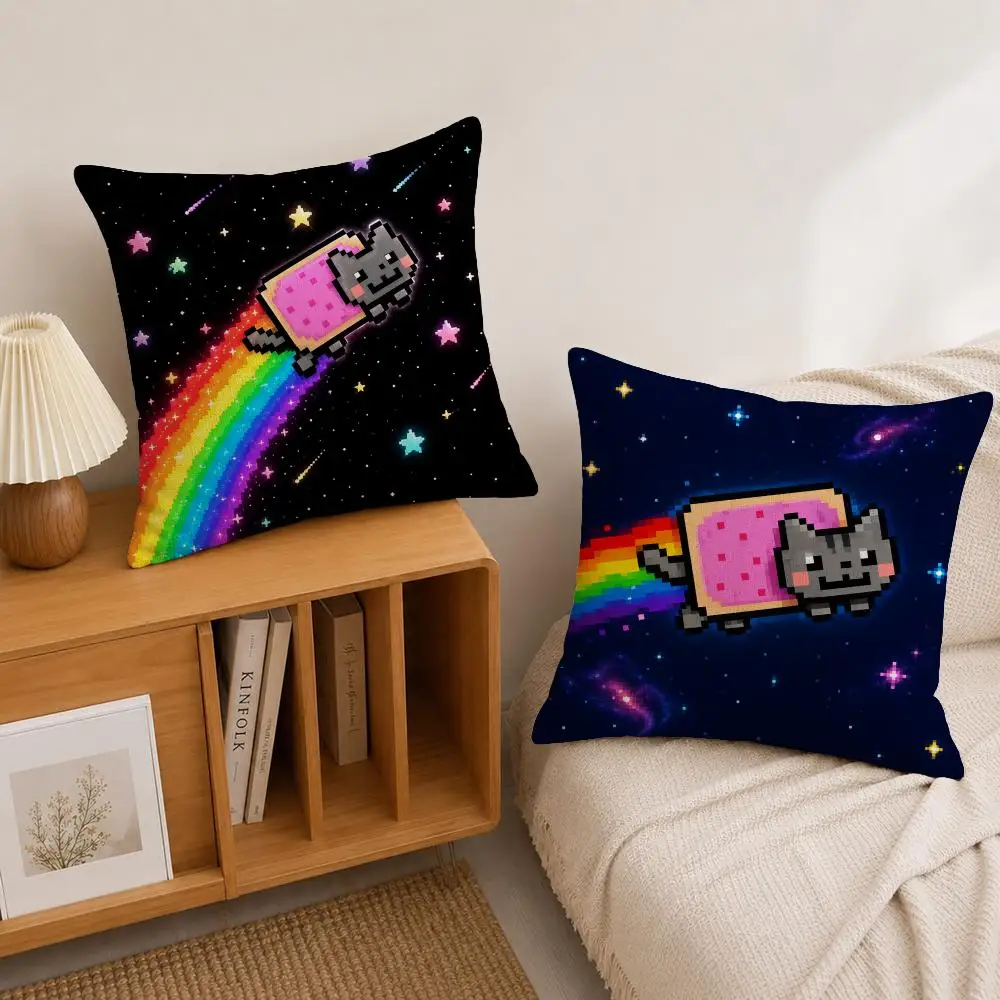 Meme Nyan Cat Cushion Cover Natural Linen Pillowcase Set, All-in-One Decor for Sofa, Bedroom & Chair