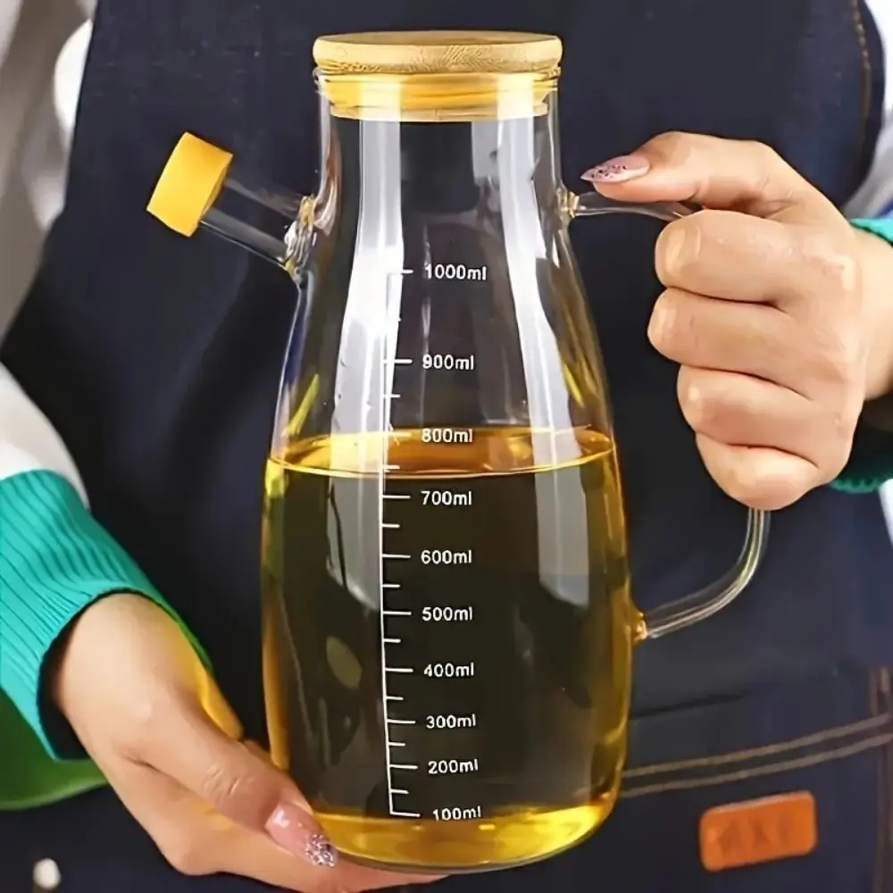 900/1000ML Transparent Oil Bottle with lid Handle Scale Heat-resistant Glass Oil Pot y Vinegar Tank Oil Dispenser Kitchen Tools