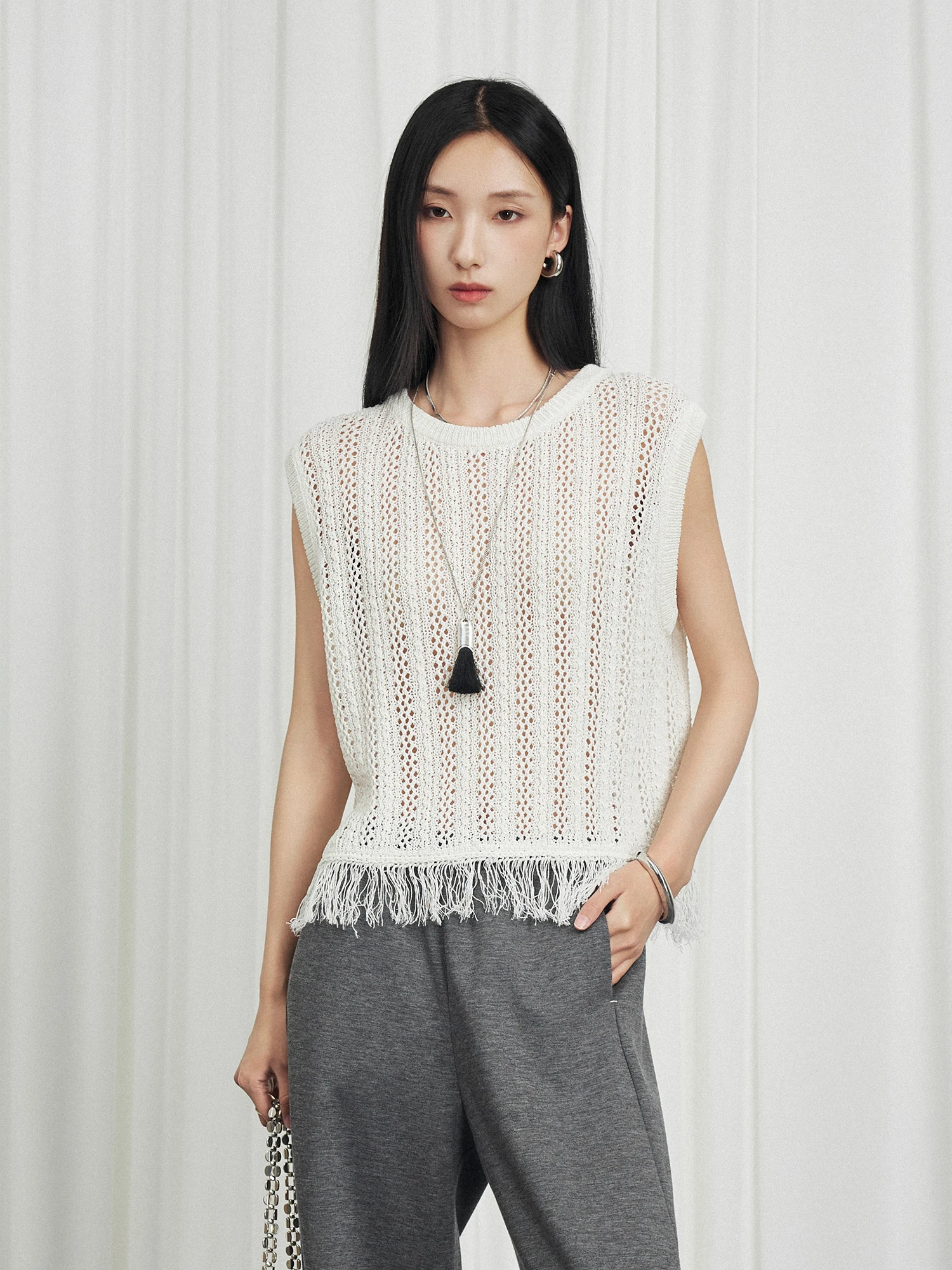 

Вязаный жилет CLMX из шелково-льняной смесовой ткани с вырезами, свободный крой, с бахромой, женский, для повседневной носки, прямой крой, летний трикотаж