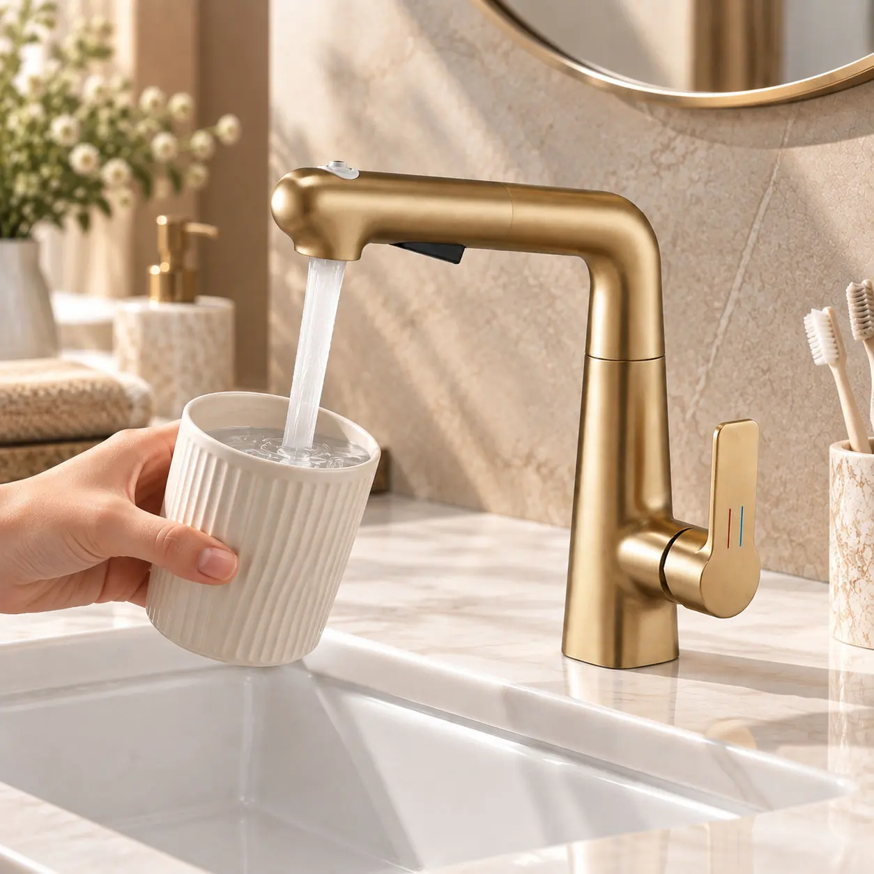 Multifunctional Basin Faucet Solid Brass Pull Out Bathroom Sink Faucets Mixer Tap Single Hole Hot Cold Water Faucet for Bathroom