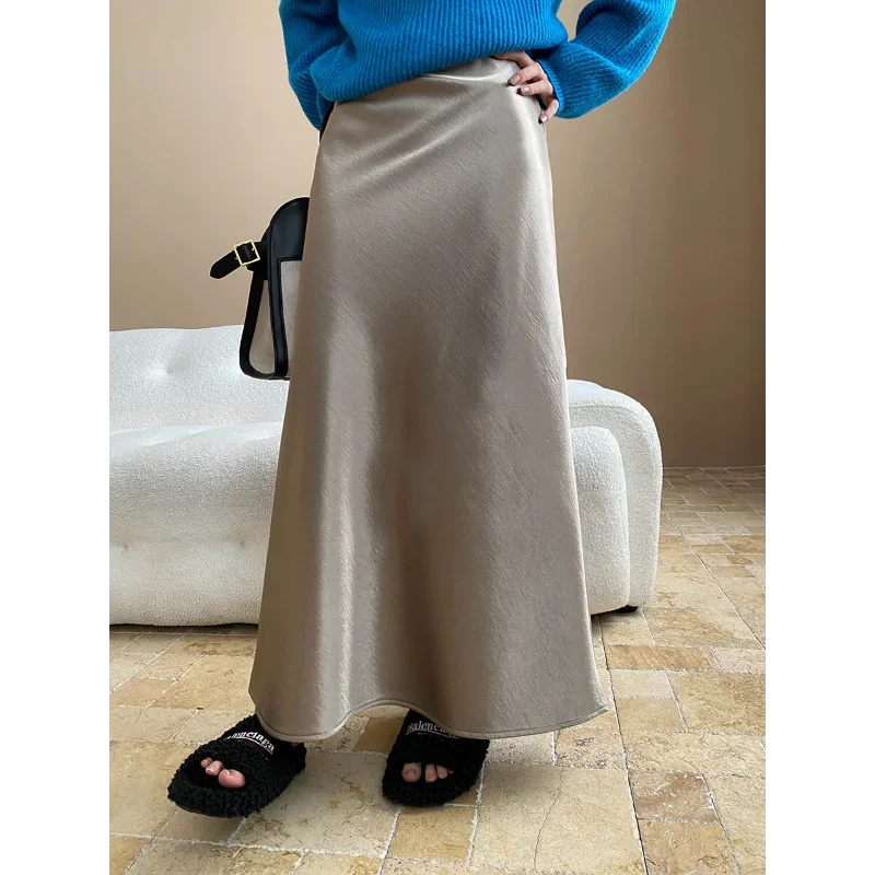 

Women Vintage Wine Elegant Thick Temperament High Waist Drape Satin Fashion Simple Basic Office Lady Black Purple Long Skirt