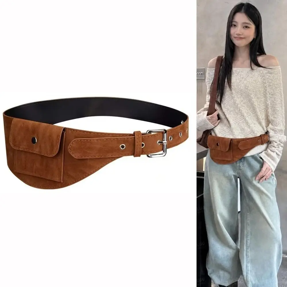 Versatile Portable Waist Bag Faux Suede Leather Strap Belt Bag Solid Color Adjustable Width Dress Corset for Women