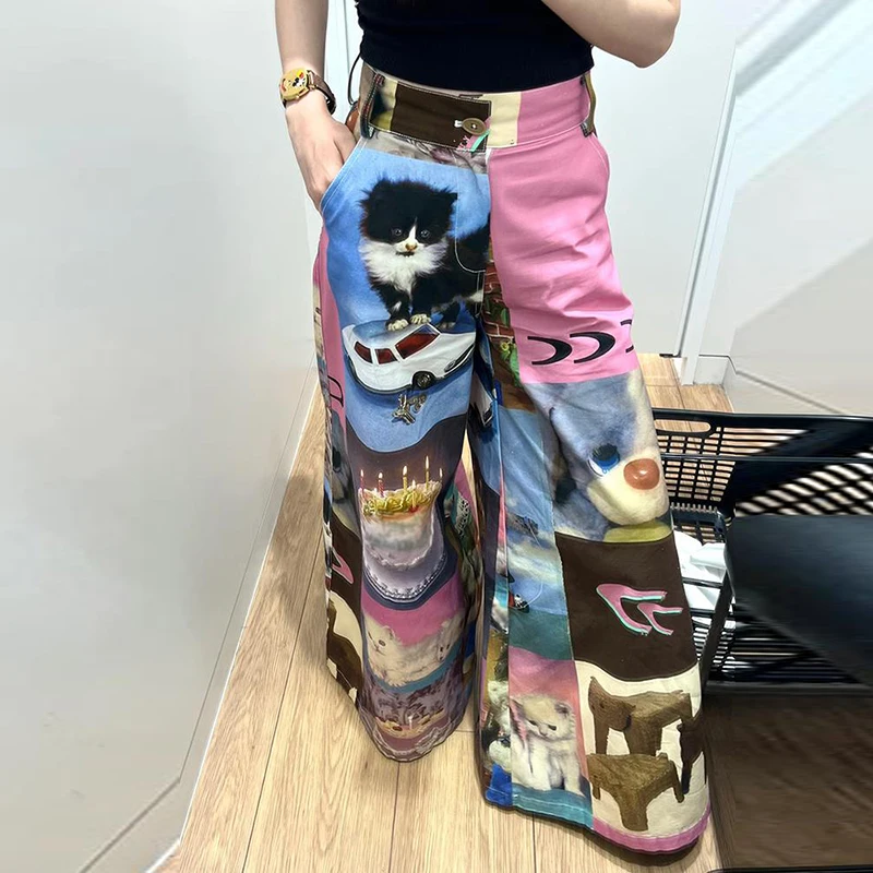 

Fashionable 2024 summer new abstract cartoon pattern contrasting color spicy girl wide leg pants casual pants for women