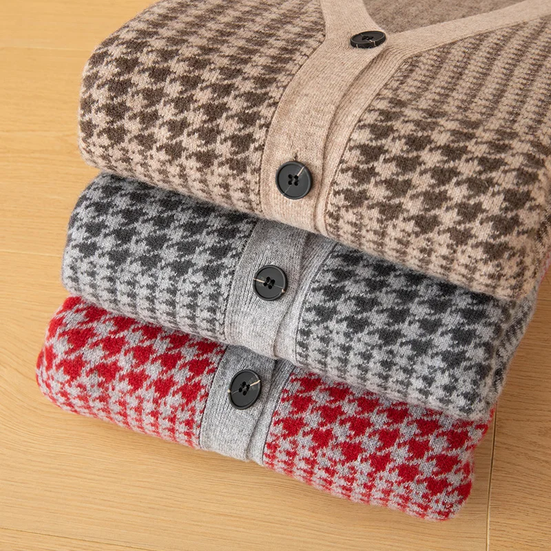 الخريف والشتاء الرجال سترة برقبة على شكل v مع 100% الصوف الخالص استرخاء مبطن سترة محبوك سترة الكشمير المعنقة معطف