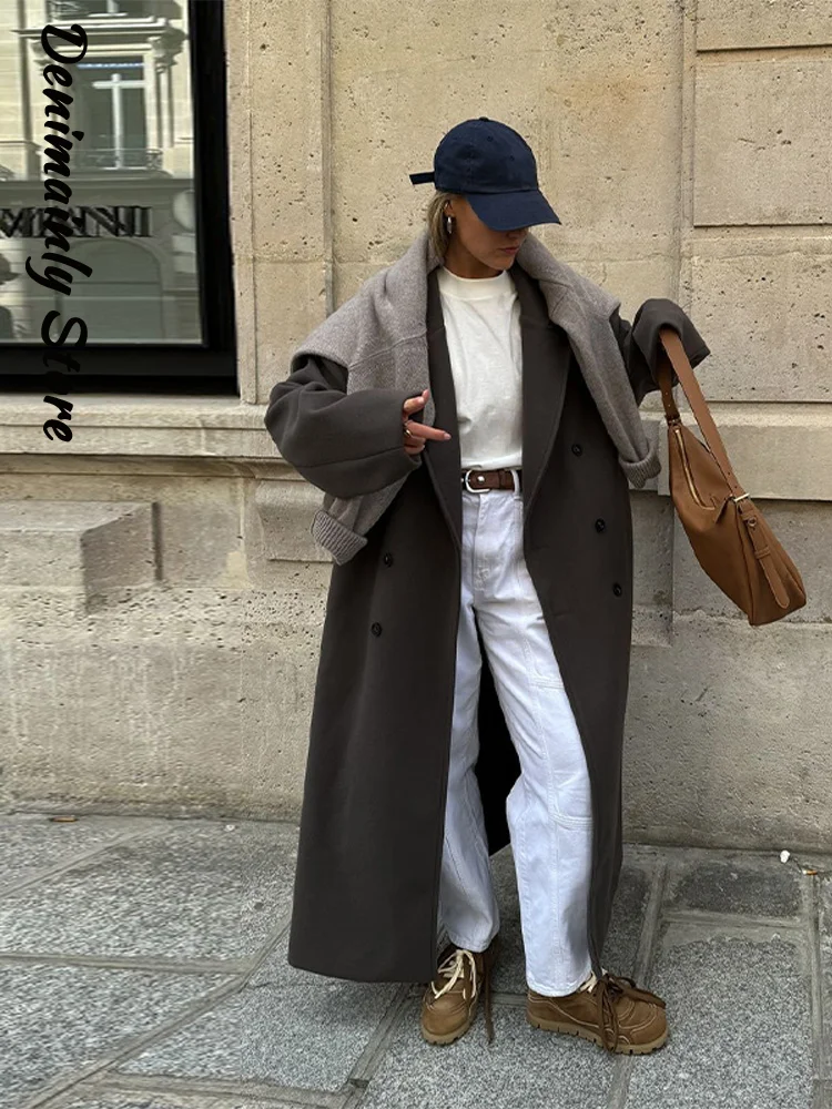 

Модное коричневое шерстяное пальто большого размера с лацканами, женское уличное пальто с v-образным вырезом и подплечниками, уличное пальто с длинными рукавами, осень-зима 202, пальто