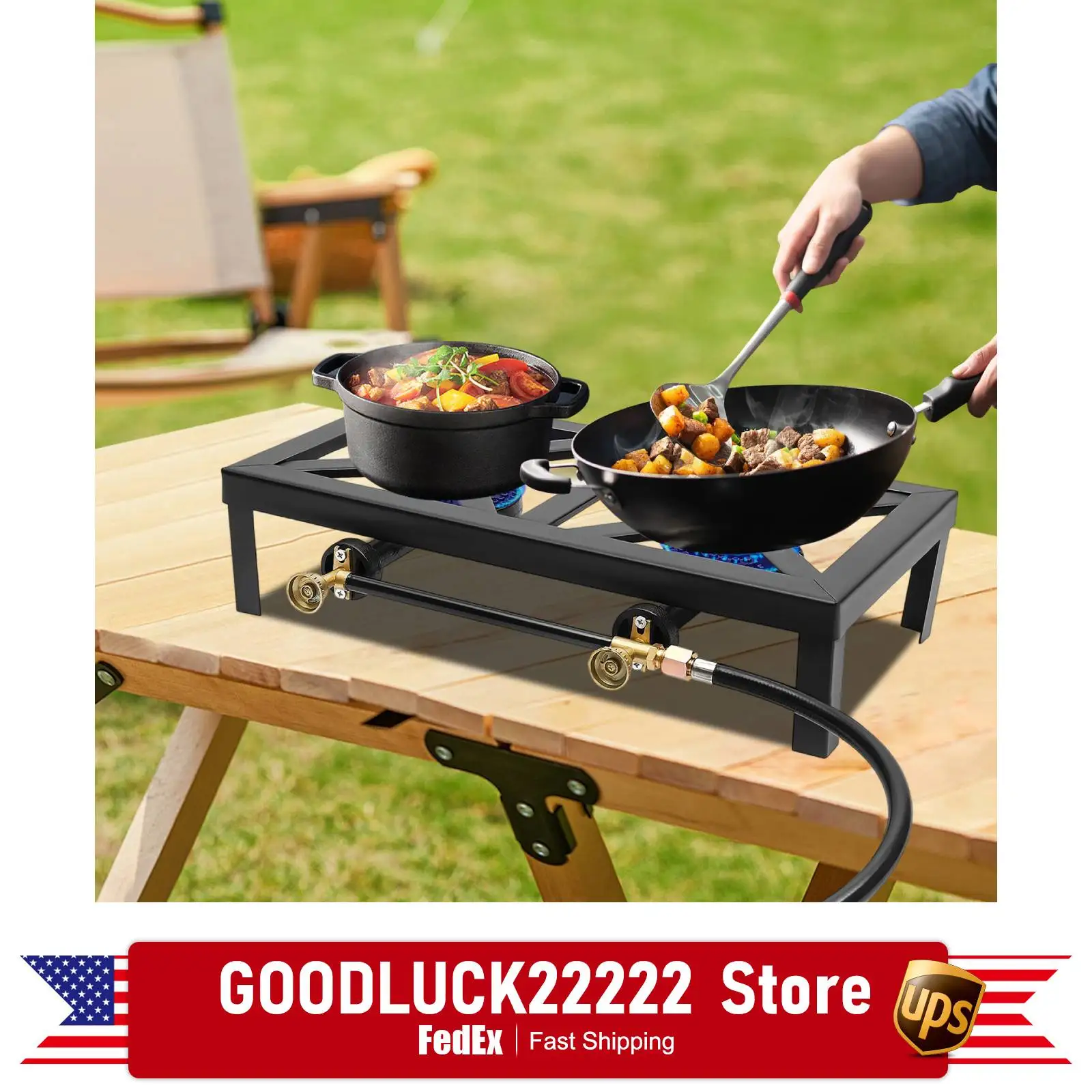

Double Burner Gas Stove, Outdoor Propane Camping Stove with Cast Iron Burners, Portable Cooktop for Backyard, Patio, Camping