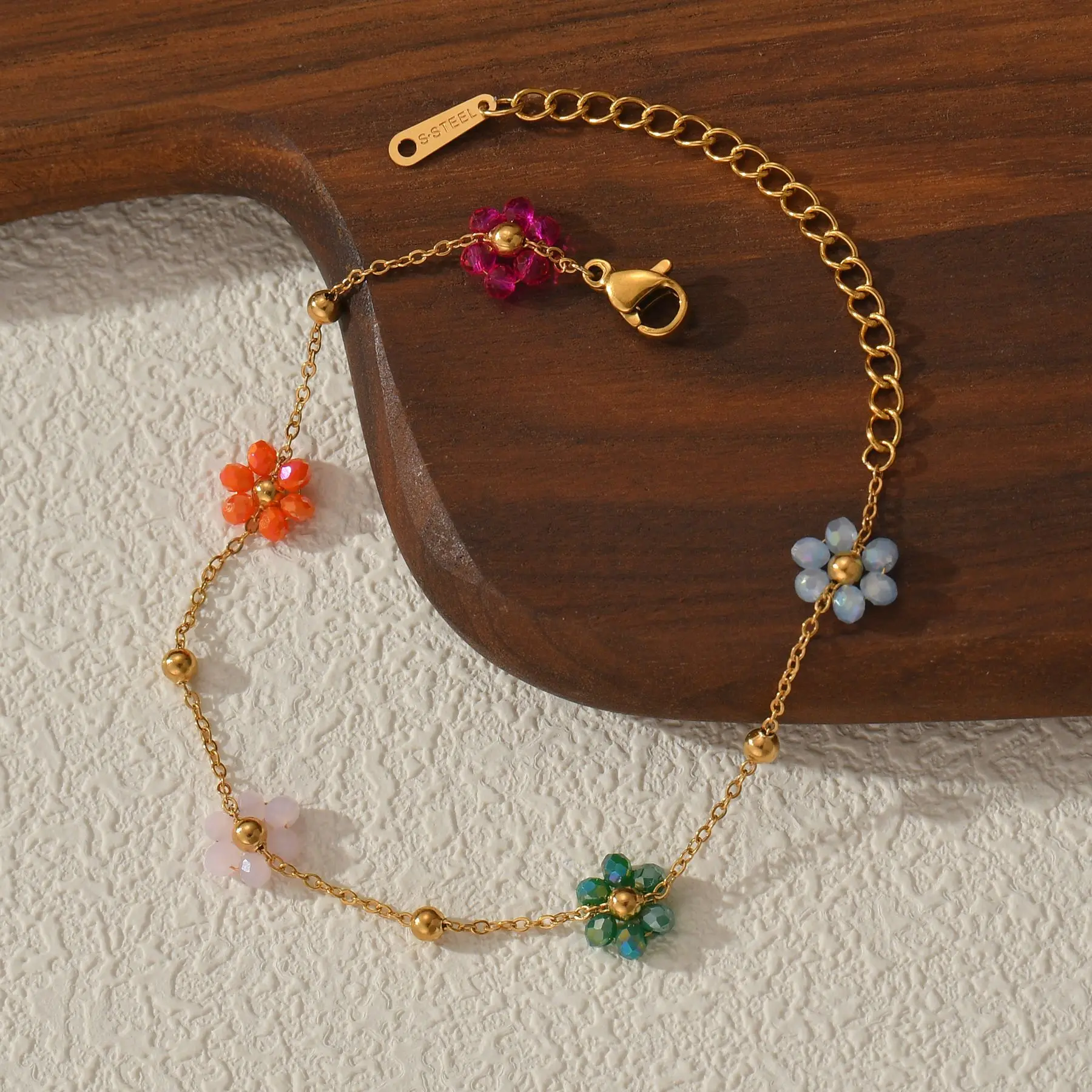 Freeteeme Fashion Colorful Flower Bracelet for Women Girls Stainless Steel Jewelry Gold Color Beads Chain Valentine\'s Day Gift