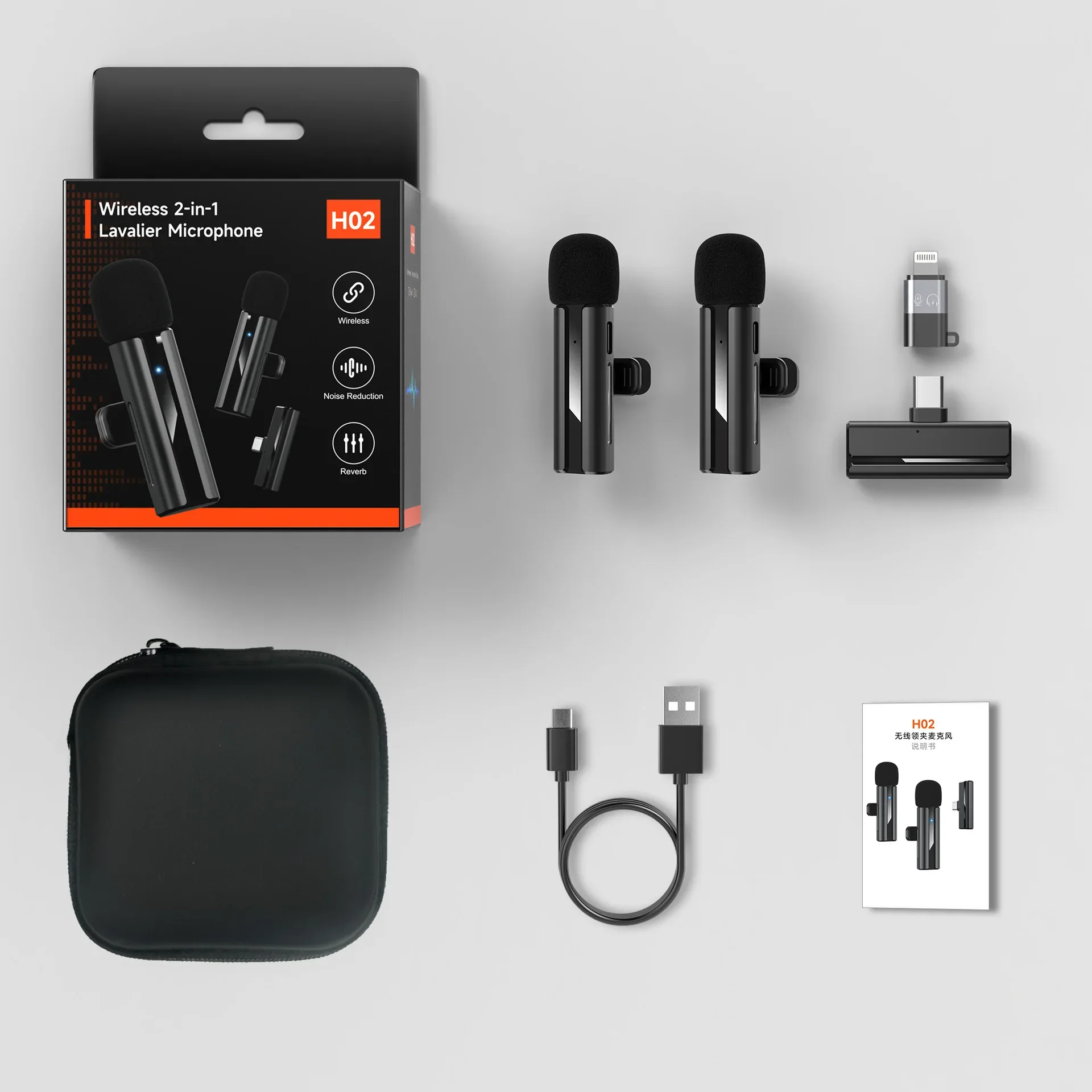 H02 Dual Wireless Lav Mic Noise Reduction Microphone for Mobile Live Broadcast Interview Singing