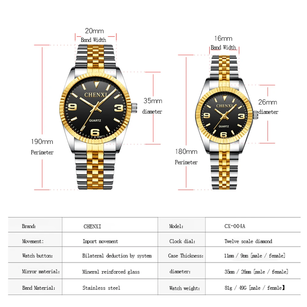 CHENXI, reloj de marca superior, relojes de cuarzo para mujer y hombre, relojes de pulsera de cuarzo a la moda con esfera Simple para amantes,
