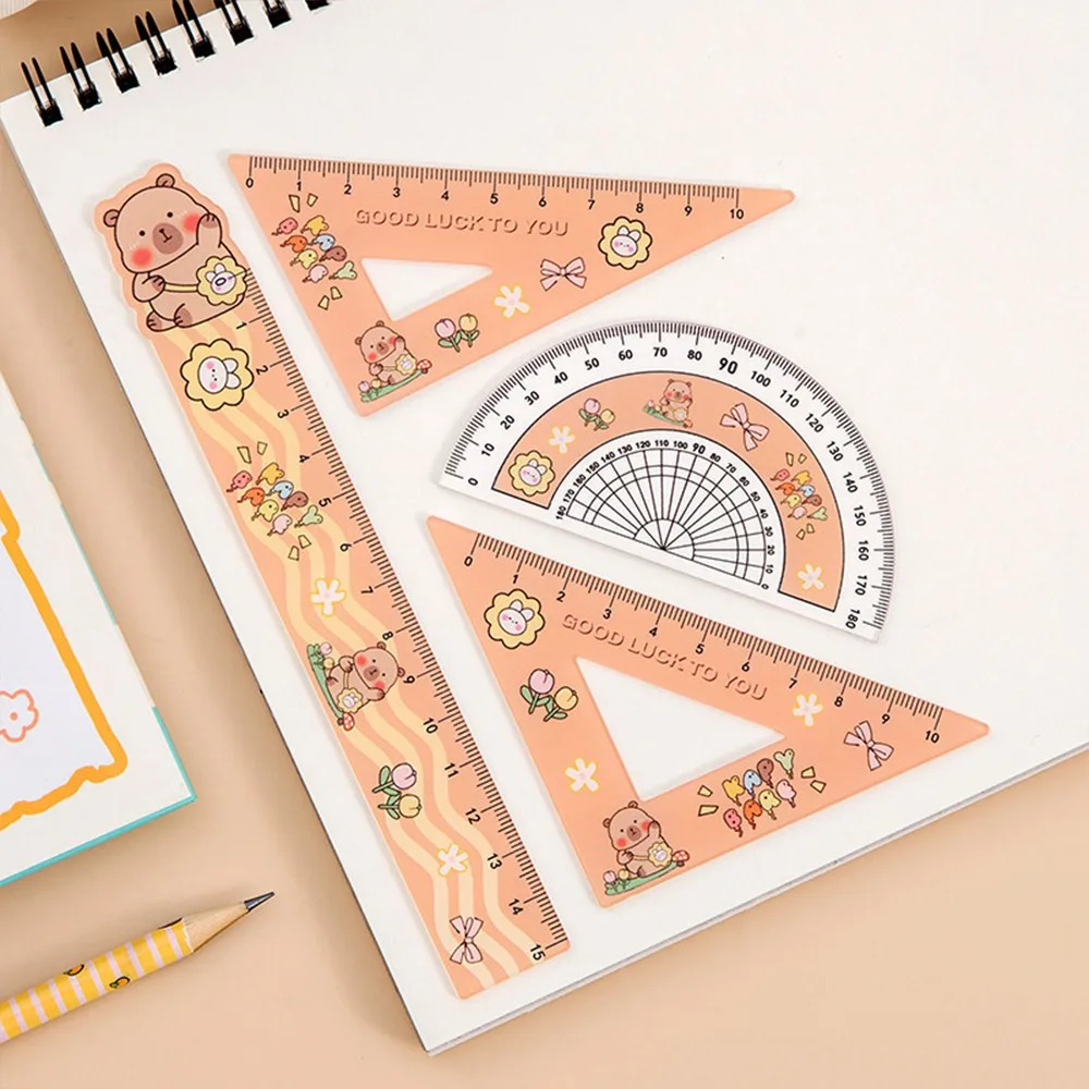 4pcs/set Creative Acrylic Capybara Set of Rulers Office Supplies Cute Cartoon Straight Ruler Drawing Tools Protractor