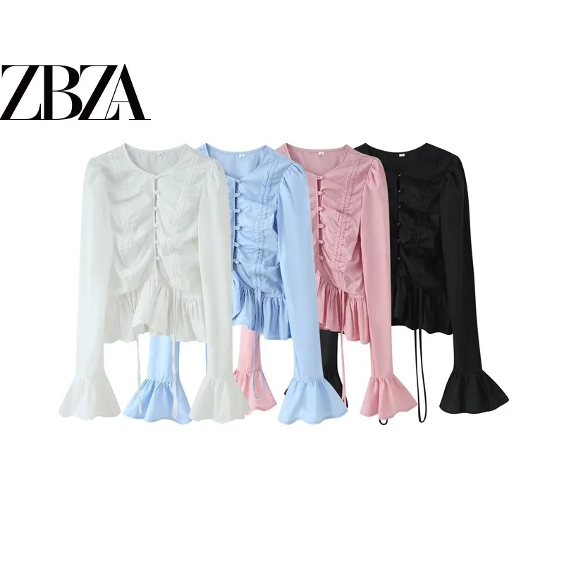 Women's Long Sleeve Pure Color Drawstring Bell Bottom Top Versatile T-Shirt Comfortable Breathable Polyester round Neck Design