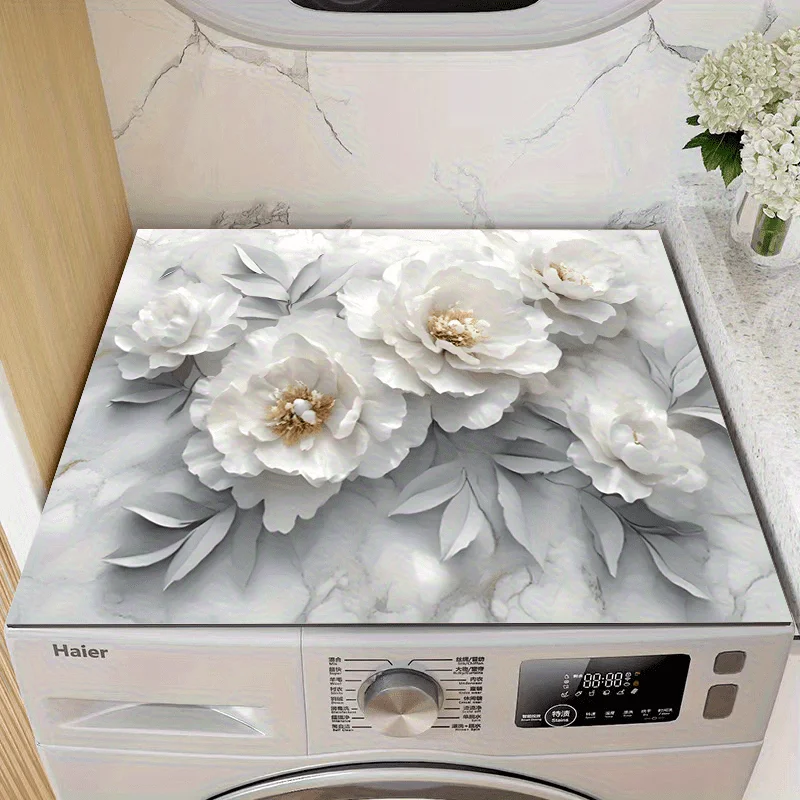 

1 шт. Элегантная подставка из диатомита с белым цветочным узором – быстросохнущая, противоскользящая, теплоизоляционная подставка для стиральной машины и микроволновой печи