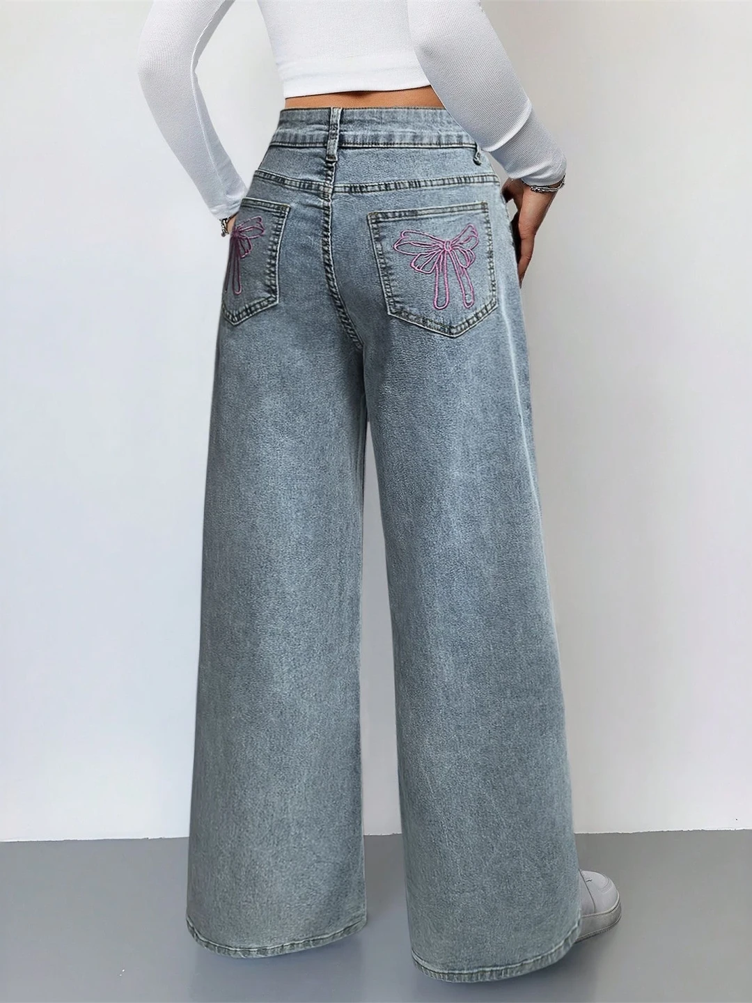 

Fashionable Casual High Waist Wide Leg Denim Jeans Women's Long Pants Straight Cut Loose Fit Knot Embroidery
