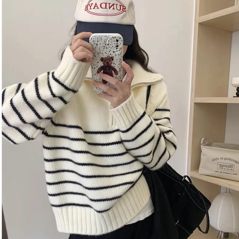 Women's Half Zipper Collared Long Sleeve Knitwear Casual Style Polyester Fiber Outerwear Loose Fit Autumn Winter Trendy Top