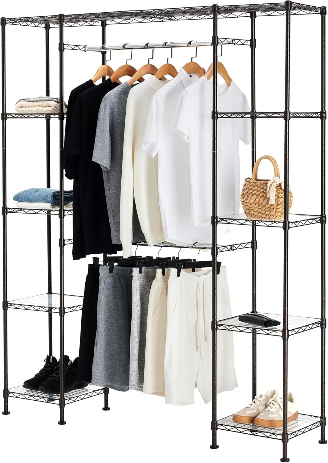 

Expandable Metal Hanging Closet Organizer with Shelves, 57-80''L x 14''W x 72''H, Bronze Storage Rack for Wardrobe