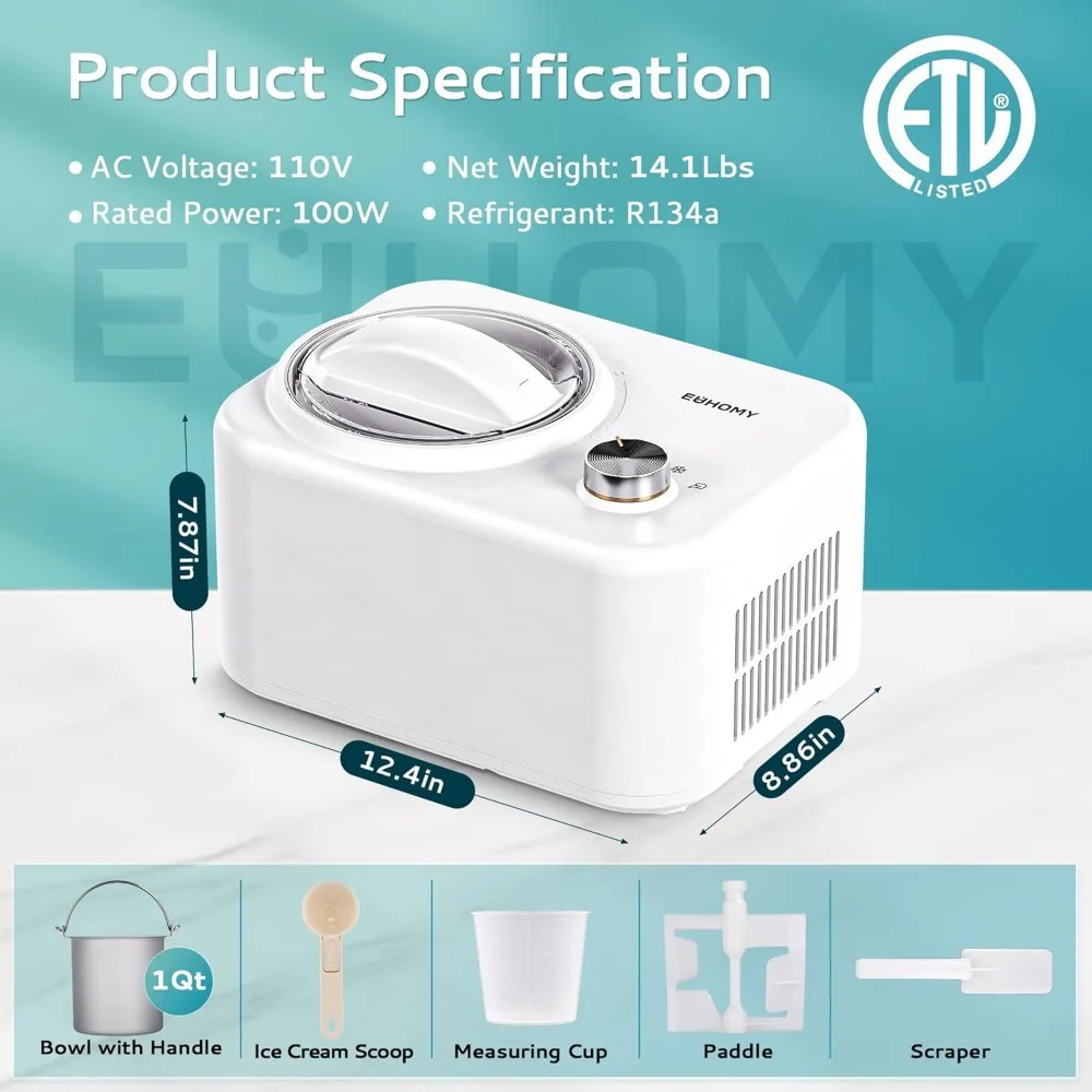 1.1 Quart Ice Cream Maker Machine with Built-in Compressor, Fully Automatic, No Pre-freezing, 2 Buttons Control, 1 Hour