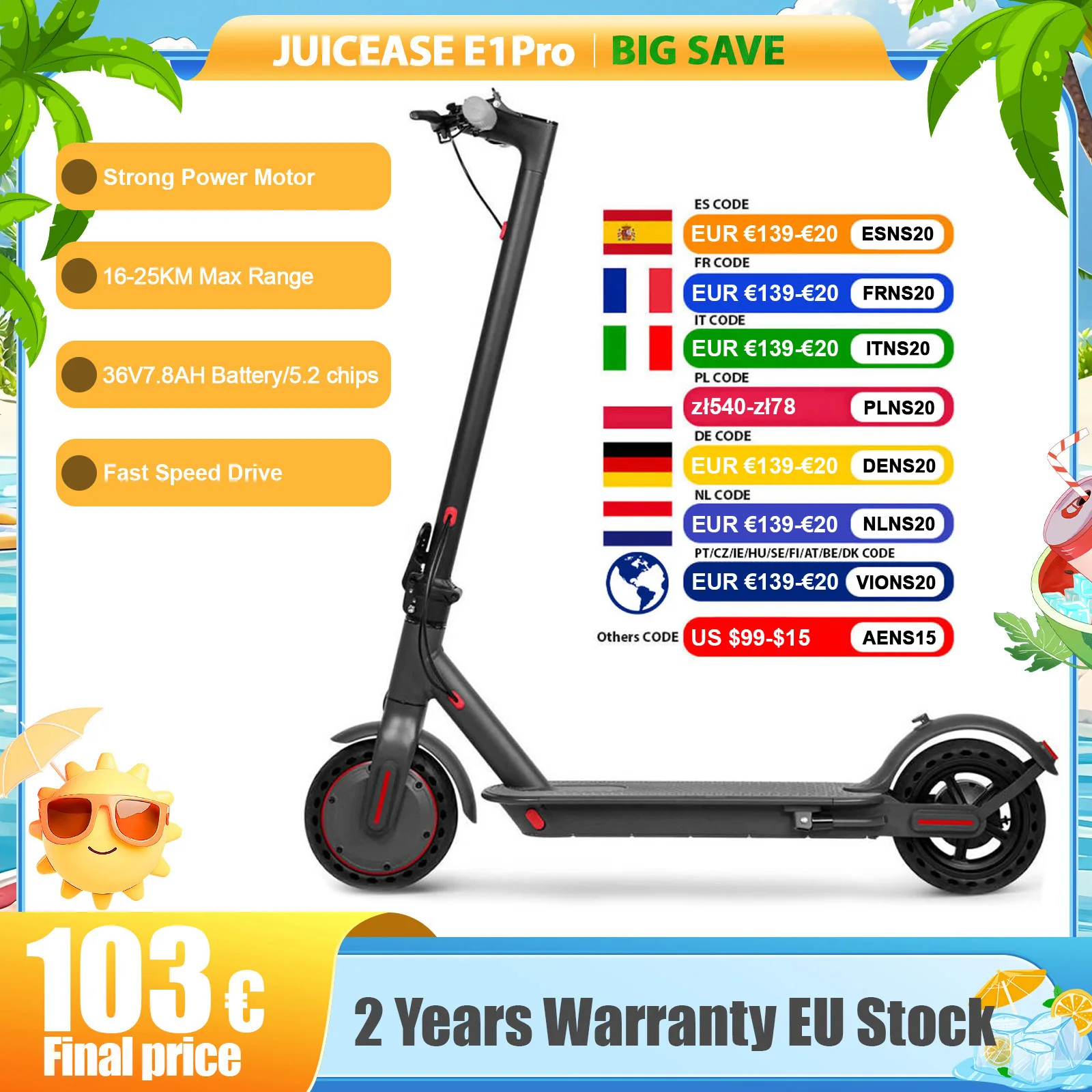 JUICEASE E1 Pro Elektroroller Maximale Steigfähigkeit 15°  Peak Power Faltbarer Elektroroller 36V7.8AH 5.2 Chips 25KM Reichweite E-Scooter