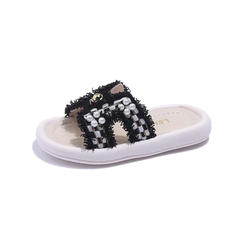 Girls Slippers Summer Kids Chic Checkered Princess Sandals with Simple Pearl Sweet Fashion Elegant Slippers for Children Outdoor