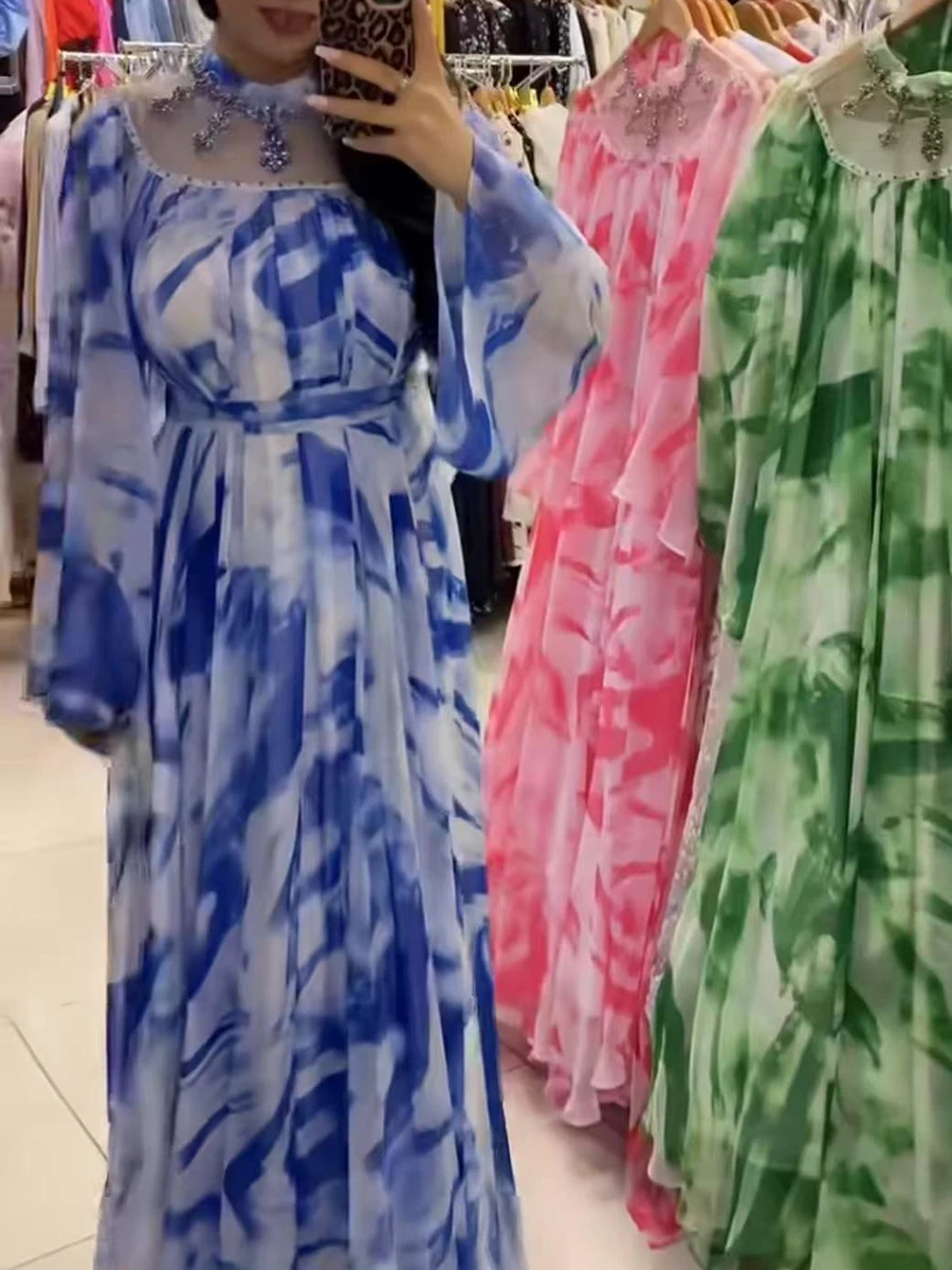 VGH Colorblock พิมพ์ Spliced Sheer ตาข่ายชุดผู้หญิงขาตั้งคอ Patchwork เพชรแขนยาวหลวมพับชุดหญิง