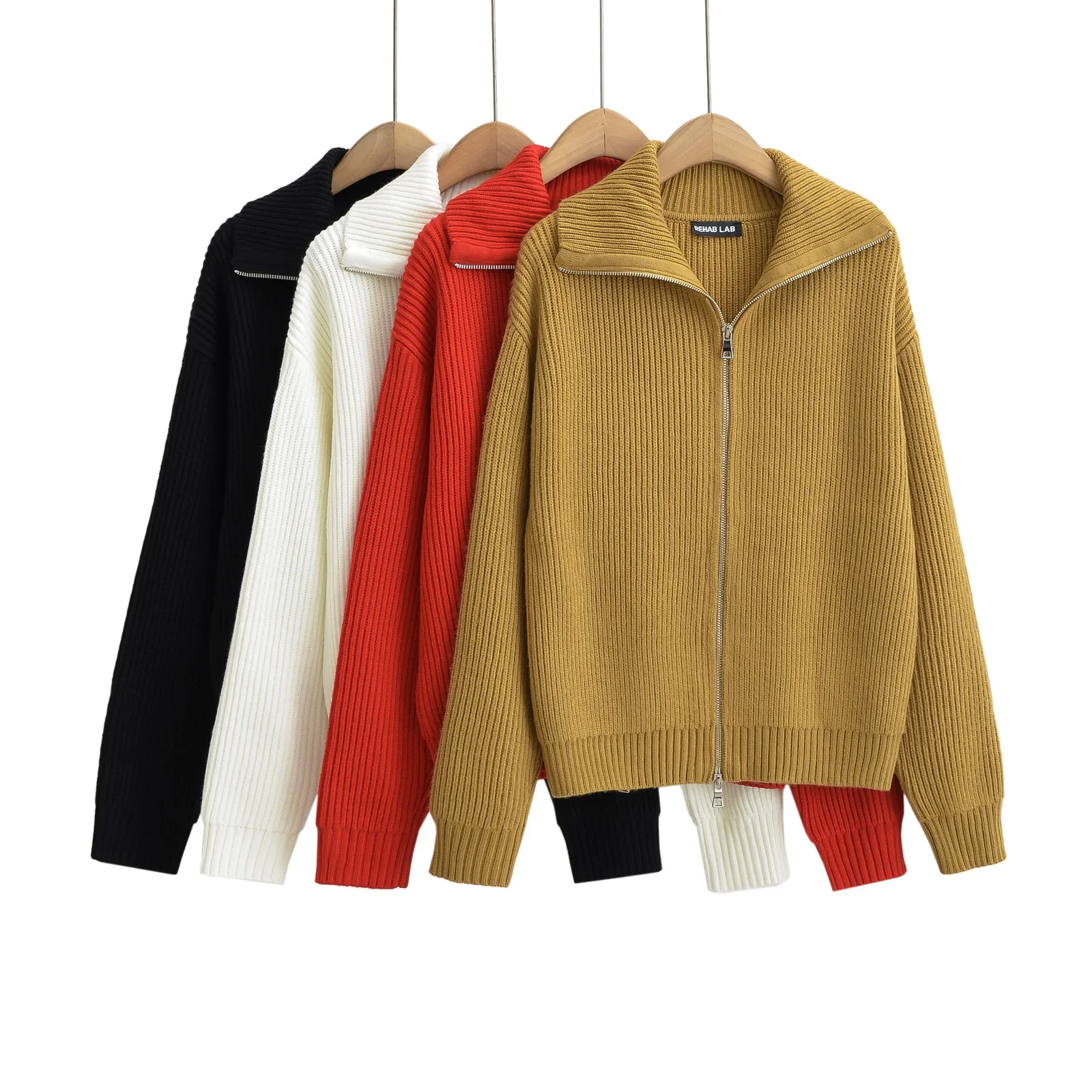 Women Two Way Zipper Sweaters Autumn Winter Solid Color Cardigans