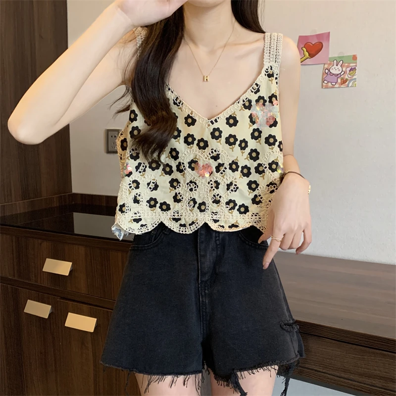 Langweilig Honig Saum Welle Lose Ärmellose Camis Sommer Mode Sexy Crop Top Voll Gedruckt Blumen V-ausschnitt Dünne Alle-spiel Top Frauen