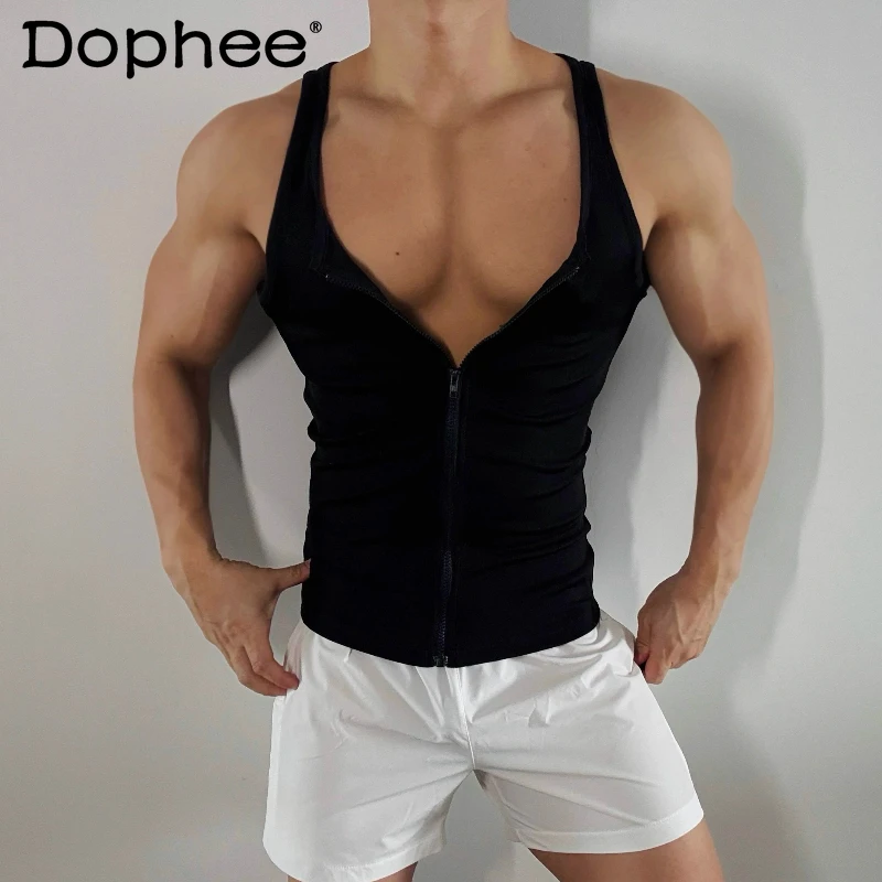 

Men's Original Trendy Vests 2025 New Full Zipper American Style Sexy Sports Fitness Sleeveless Tank Tops Men's Solid Color Vests