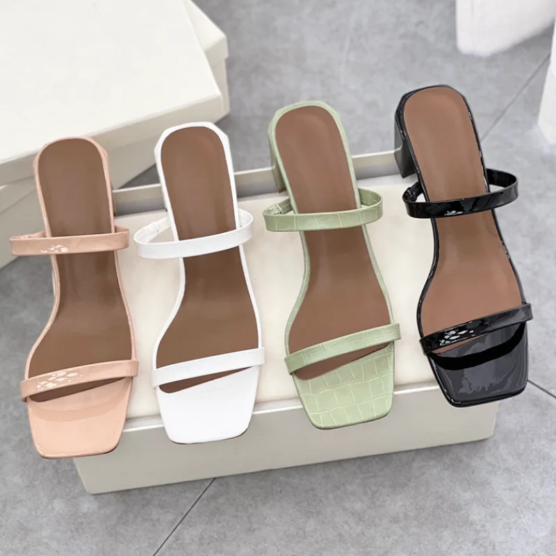 

Spring and Summer New Square Toe Thick Heel Sandals High Heel Open Toe Slippers Mules Women