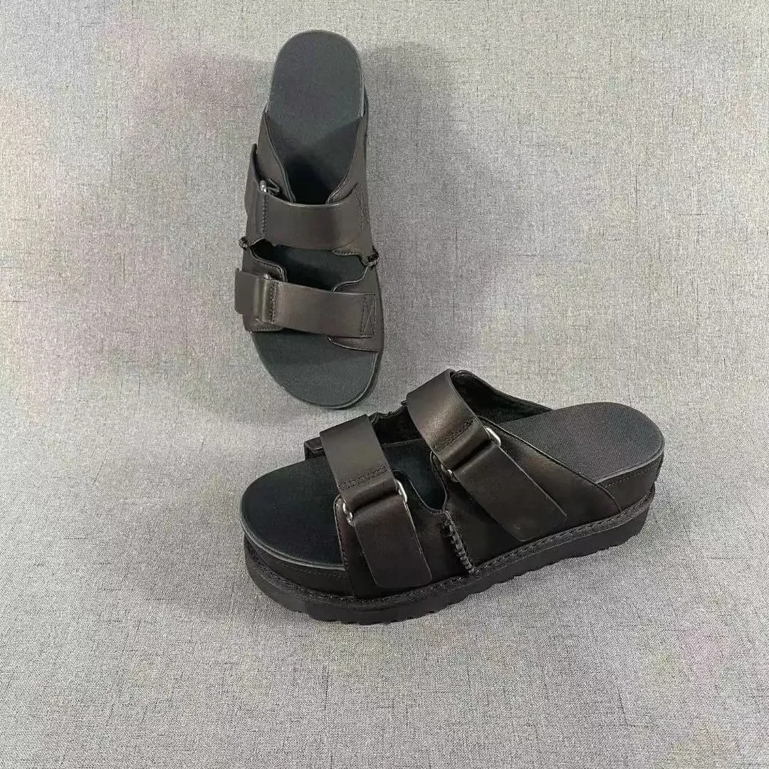 New women's thick soled sandals with buckle genuine leather for external wear and elevated exposed toe leather slippers