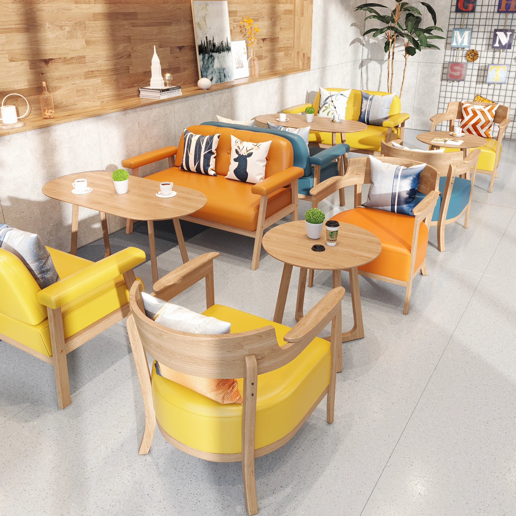 Conjunto de muebles de restaurante moderno para ocio y cafetería, silla de comedor de cuero PU sólido, mesa de comedor cuadrada, cafetería