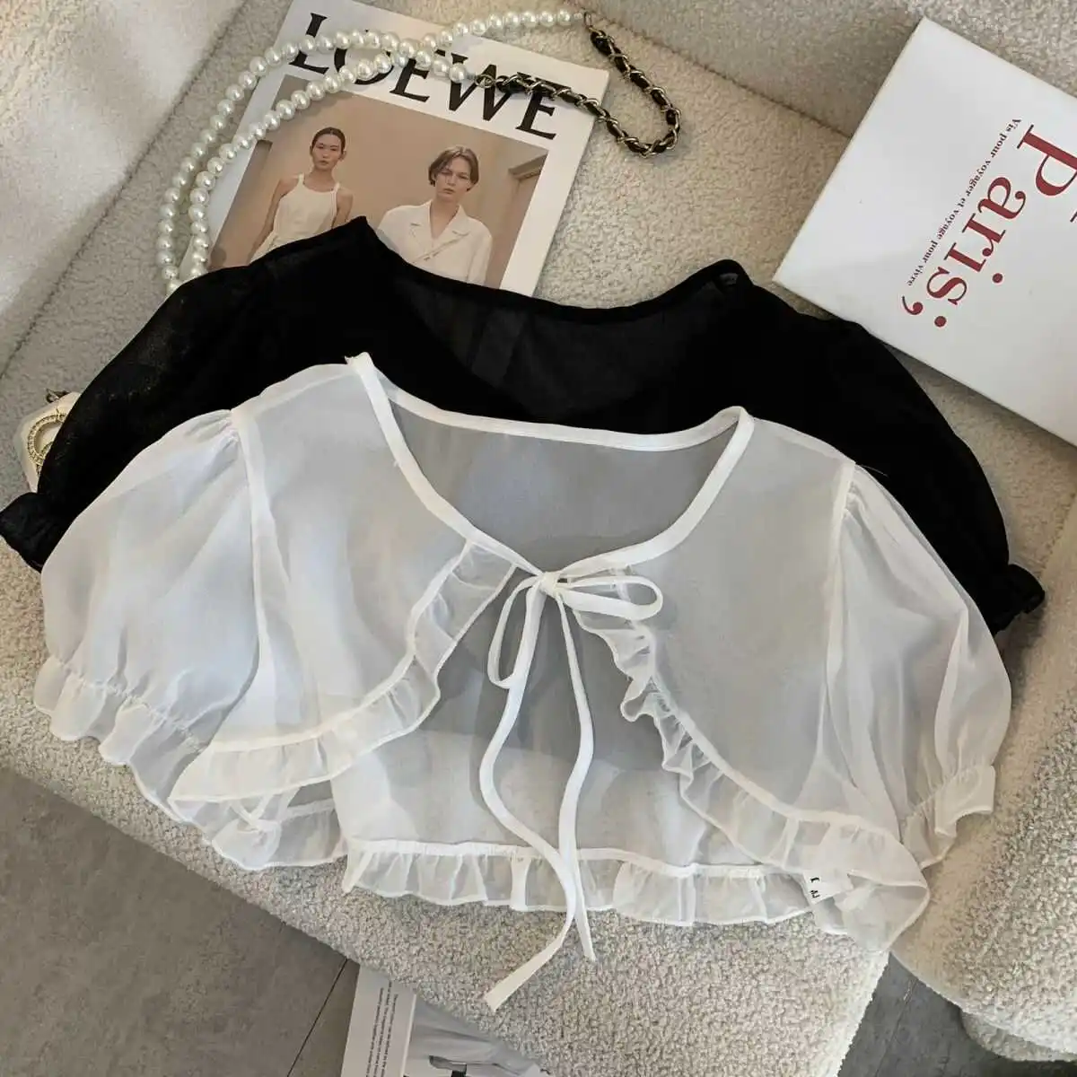 

Women's Summer 2024 New Style Ice Silk Chiffon Air Conditioner Cover up Shawl Outerwear V-Neck Short Sleeve Ultra-Short Length