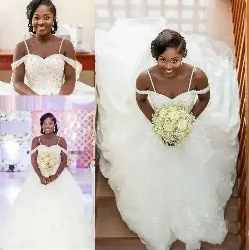 Customized African Spaghetti Lace Appliques Beaded Bridal Gowns Plus Size Vestidos Chapel Train White Cheap Wedding Dresses