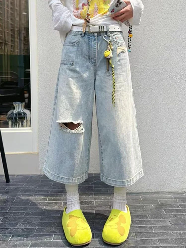 

High Waist Wide Leg Seven Foot Jeans Women's Faionable Casual Sle Hole Design Versatile High Waist Skinny Jeans